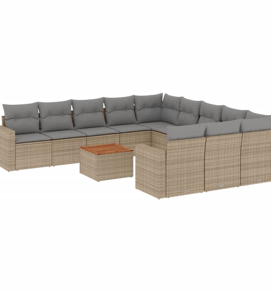 12-tlg. Garten-Sofagarnitur mit Kissen Beige Poly Rattan