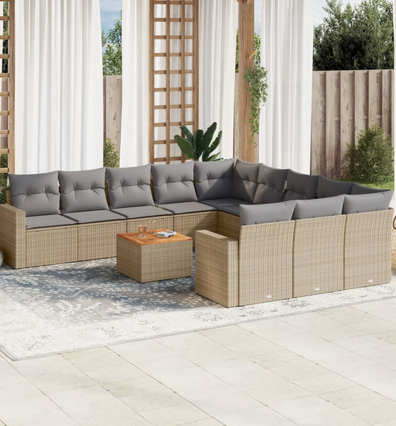 12-tlg. Garten-Sofagarnitur mit Kissen Beige Poly Rattan