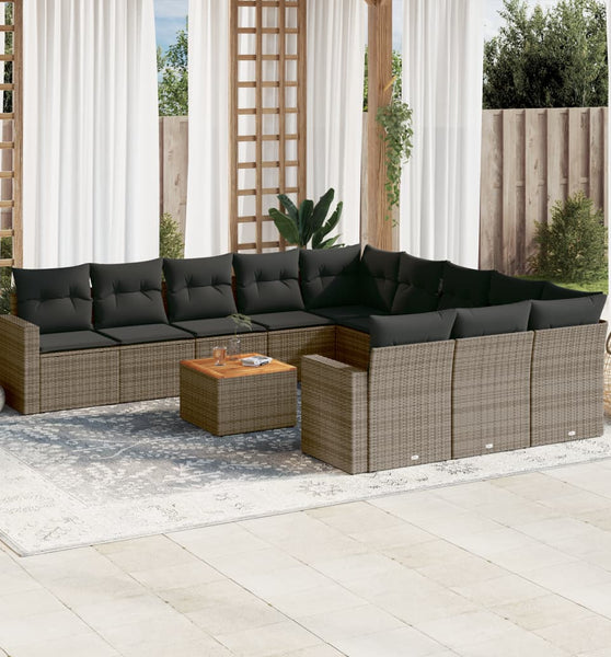 12-tlg. Garten-Sofagarnitur mit Kissen Grau Poly Rattan