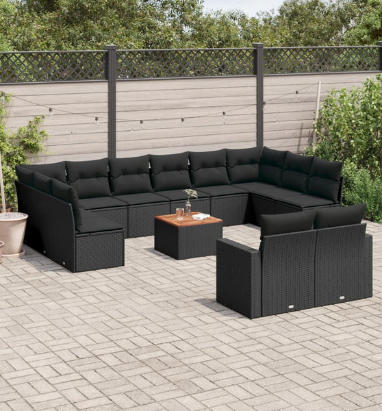 13-tlg. Garten-Sofagarnitur mit Kissen Schwarz Poly Rattan