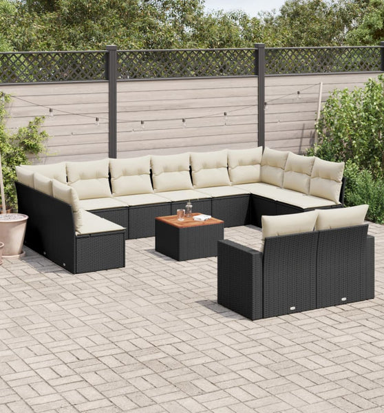 13-tlg. Garten-Sofagarnitur mit Kissen Schwarz Poly Rattan