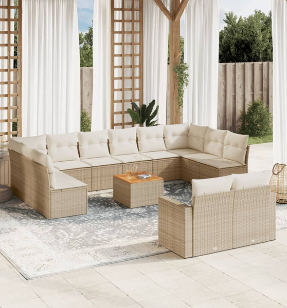 13-tlg. Garten-Sofagarnitur mit Kissen Beige Poly Rattan