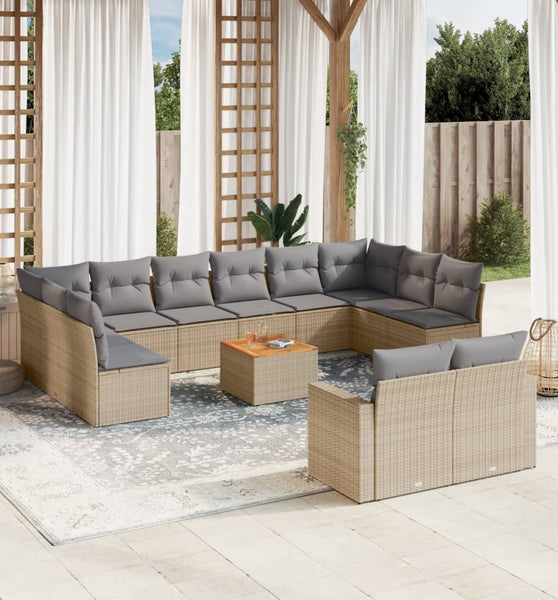 13-tlg. Garten-Sofagarnitur mit Kissen Beige Poly Rattan