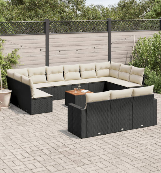 14-tlg. Garten-Sofagarnitur mit Kissen Schwarz Poly Rattan