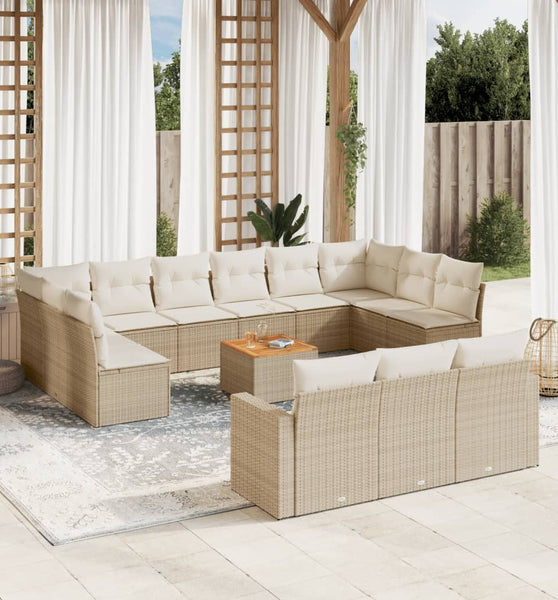 14-tlg. Garten-Sofagarnitur mit Kissen Beige Poly Rattan