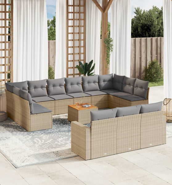 14-tlg. Garten-Sofagarnitur mit Kissen Beige Poly Rattan