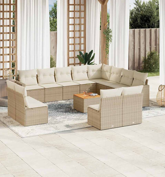 13-tlg. Garten-Sofagarnitur mit Kissen Beige Poly Rattan