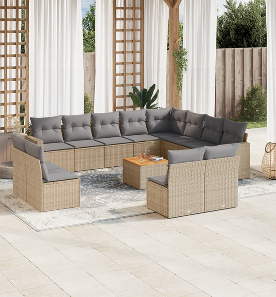 13-tlg. Garten-Sofagarnitur mit Kissen Beige Poly Rattan