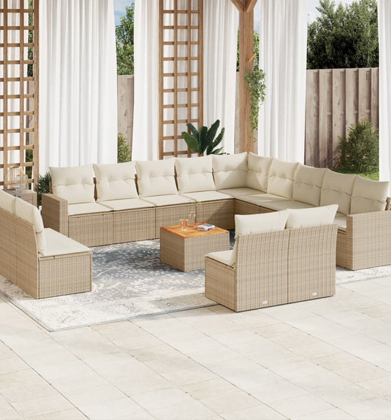 14-tlg. Garten-Sofagarnitur mit Kissen Beige Poly Rattan