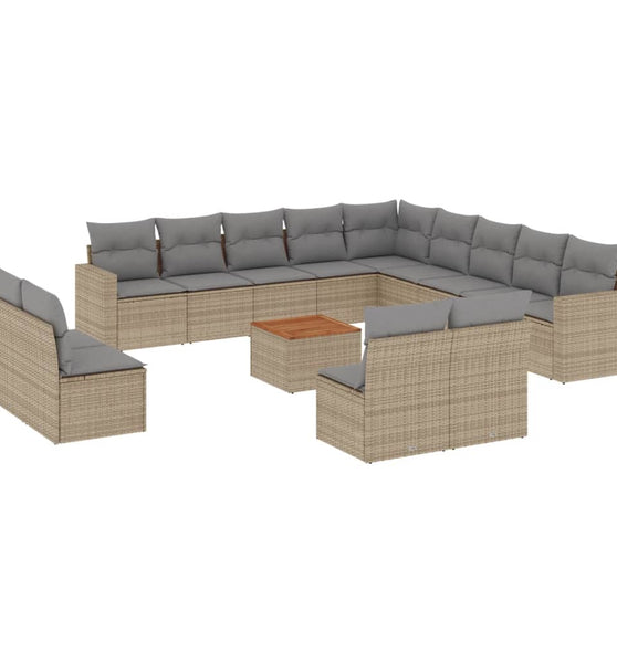 14-tlg. Garten-Sofagarnitur mit Kissen Beige Poly Rattan