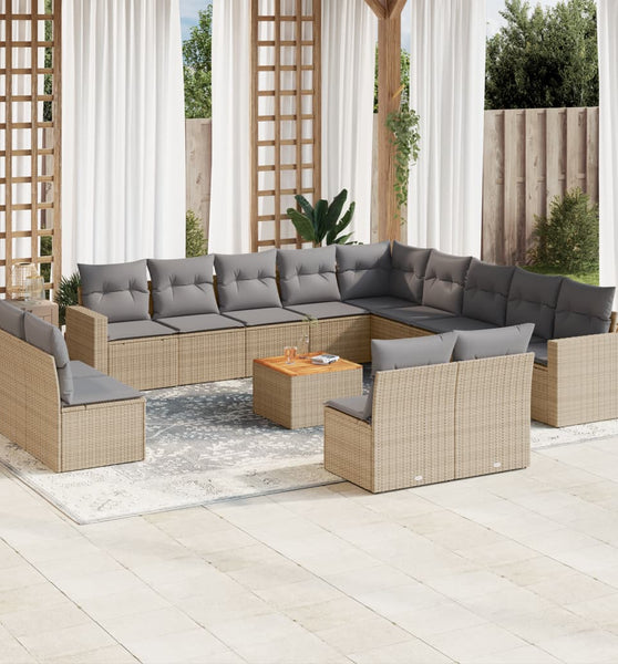 14-tlg. Garten-Sofagarnitur mit Kissen Beige Poly Rattan