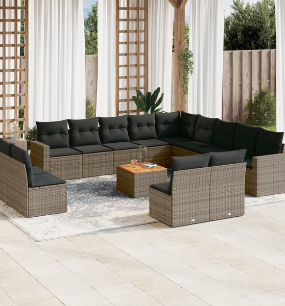 14-tlg. Garten-Sofagarnitur mit Kissen Grau Poly Rattan