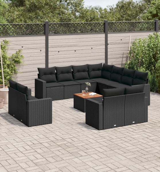 12-tlg. Garten-Sofagarnitur mit Kissen Schwarz Poly Rattan