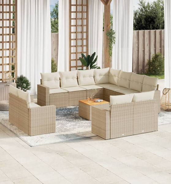 12-tlg. Garten-Sofagarnitur mit Kissen Beige Poly Rattan