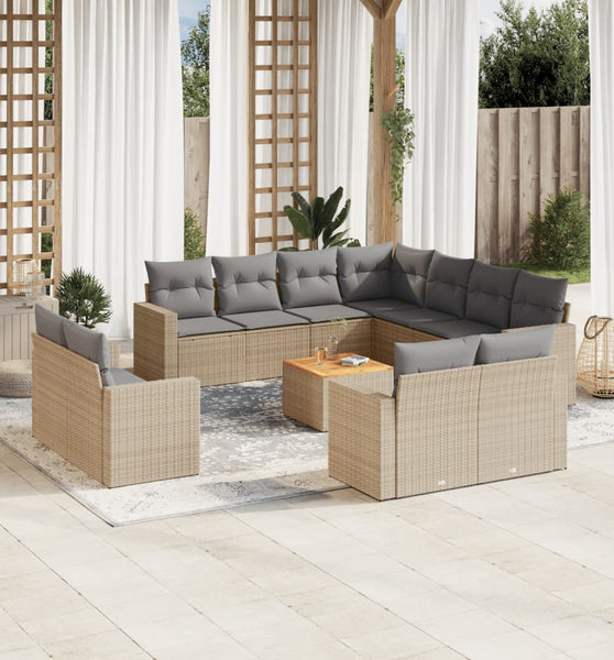 12-tlg. Garten-Sofagarnitur mit Kissen Beige Poly Rattan