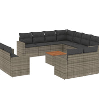 12-tlg. Garten-Sofagarnitur mit Kissen Grau Poly Rattan