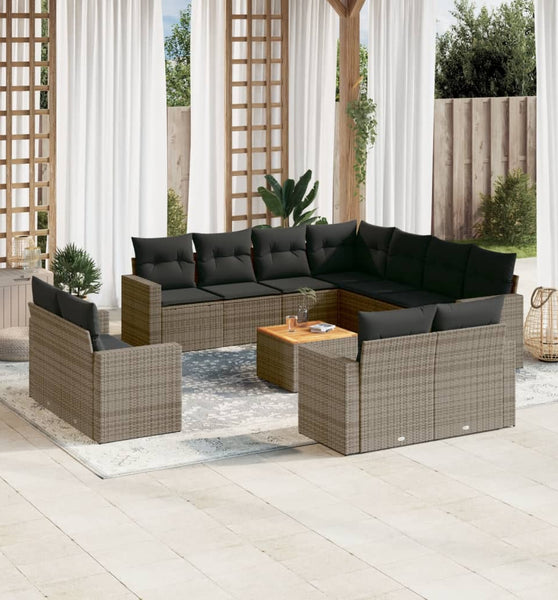 12-tlg. Garten-Sofagarnitur mit Kissen Grau Poly Rattan