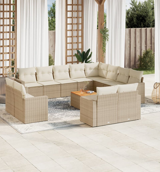 13-tlg. Garten-Sofagarnitur mit Kissen Beige Poly Rattan