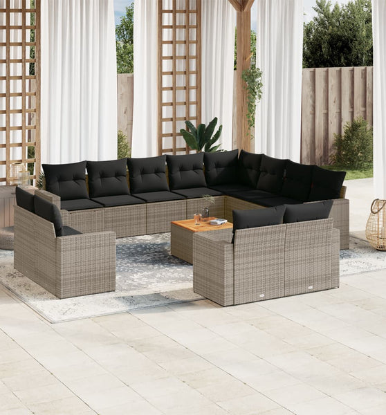 13-tlg. Garten-Sofagarnitur mit Kissen Grau Poly Rattan