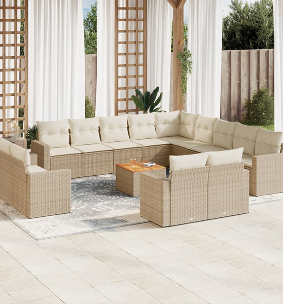 14-tlg. Garten-Sofagarnitur mit Kissen Beige Poly Rattan