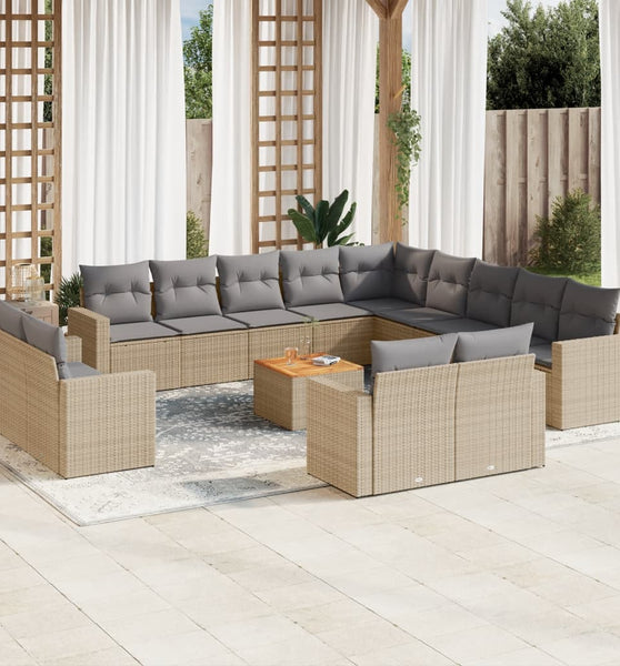 14-tlg. Garten-Sofagarnitur mit Kissen Beige Poly Rattan