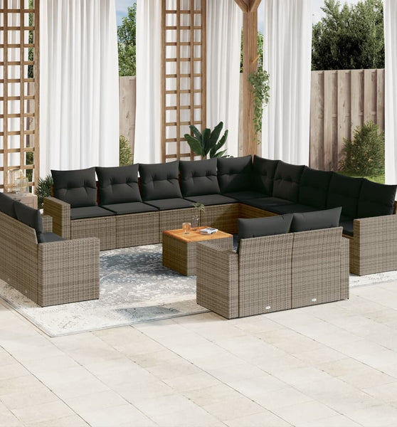 14-tlg. Garten-Sofagarnitur mit Kissen Grau Poly Rattan