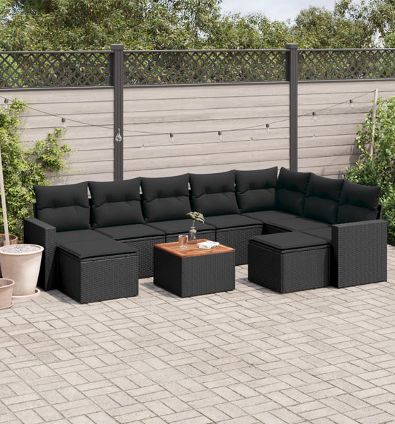 10-tlg. Garten-Sofagarnitur mit Kissen Schwarz Poly Rattan