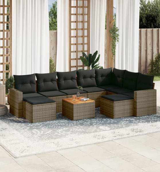 10-tlg. Garten-Sofagarnitur mit Kissen Grau Poly Rattan