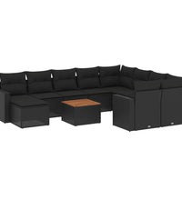 11-tlg. Garten-Sofagarnitur mit Kissen Schwarz Poly Rattan