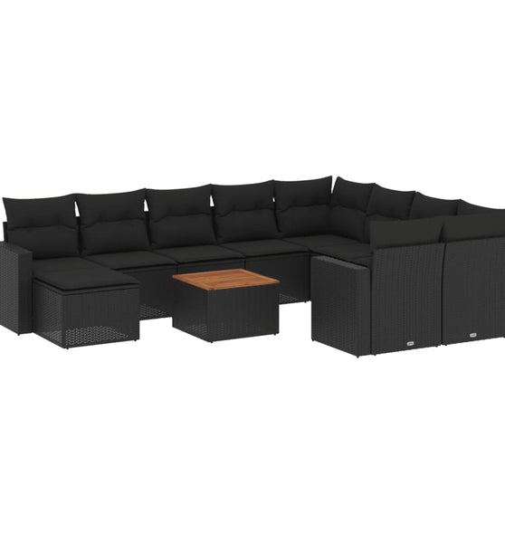 11-tlg. Garten-Sofagarnitur mit Kissen Schwarz Poly Rattan