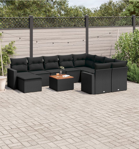 11-tlg. Garten-Sofagarnitur mit Kissen Schwarz Poly Rattan