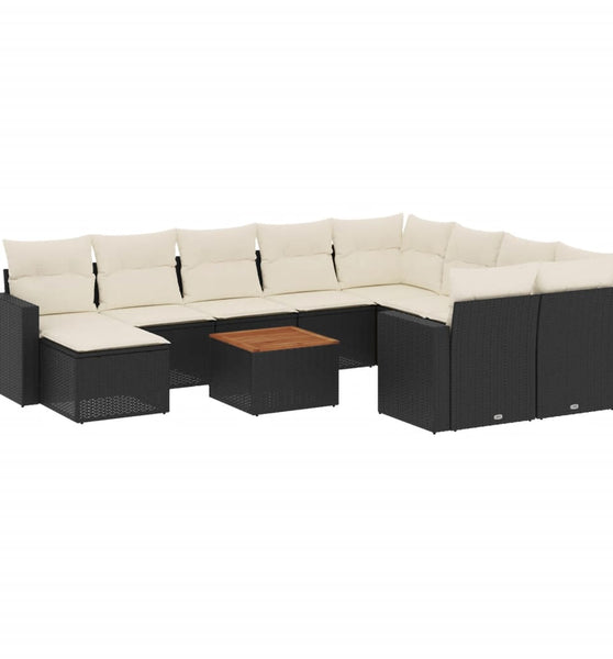 11-tlg. Garten-Sofagarnitur mit Kissen Schwarz Poly Rattan