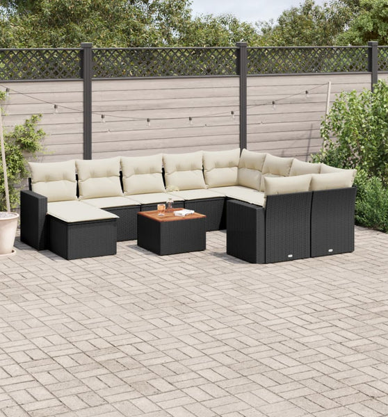 11-tlg. Garten-Sofagarnitur mit Kissen Schwarz Poly Rattan