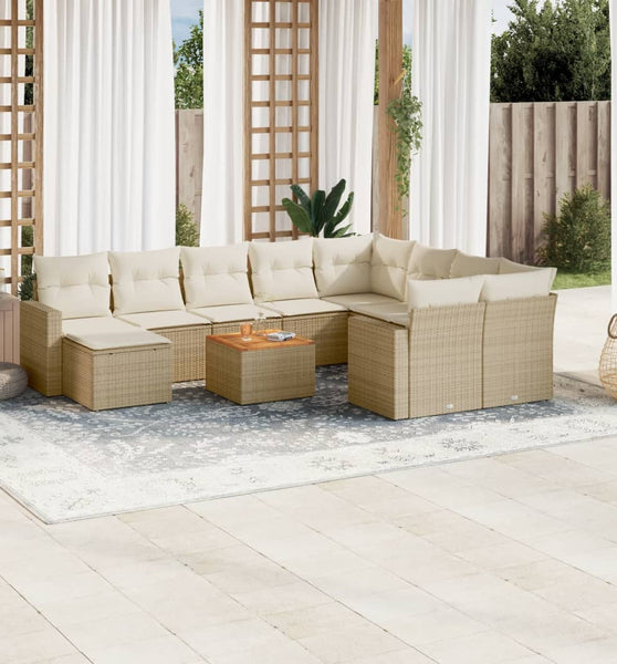 11-tlg. Garten-Sofagarnitur mit Kissen Beige Poly Rattan