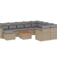 11-tlg. Garten-Sofagarnitur mit Kissen Beige Poly Rattan