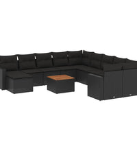 12-tlg. Garten-Sofagarnitur mit Kissen Schwarz Poly Rattan