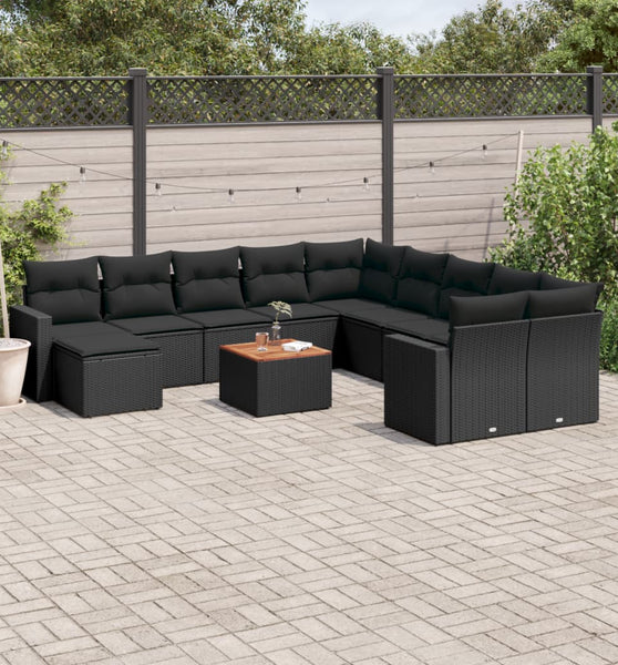 12-tlg. Garten-Sofagarnitur mit Kissen Schwarz Poly Rattan