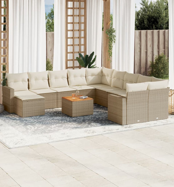 12-tlg. Garten-Sofagarnitur mit Kissen Beige Poly Rattan