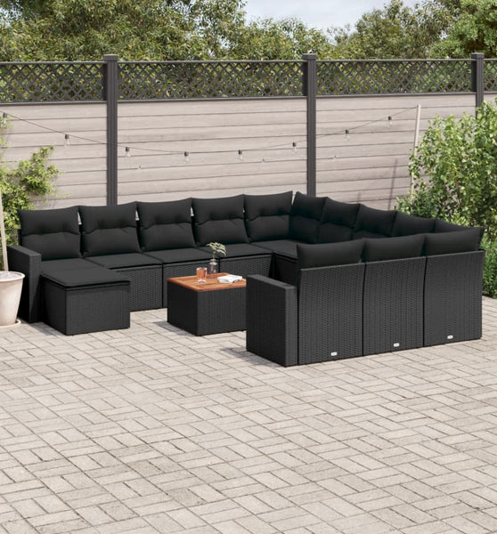 13-tlg. Garten-Sofagarnitur mit Kissen Schwarz Poly Rattan