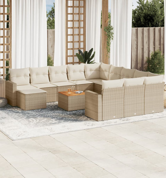 13-tlg. Garten-Sofagarnitur mit Kissen Beige Poly Rattan