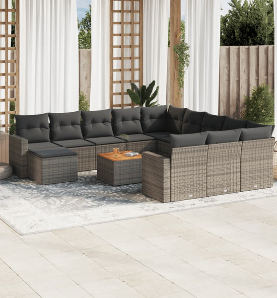 13-tlg. Garten-Sofagarnitur mit Kissen Grau Poly Rattan