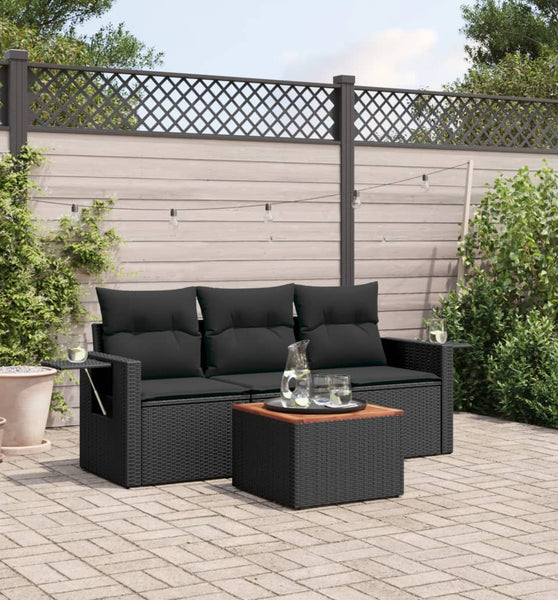 4-tlg. Garten-Sofagarnitur mit Kissen Schwarz Poly Rattan