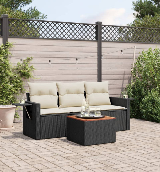 4-tlg. Garten-Sofagarnitur mit Kissen Schwarz Poly Rattan