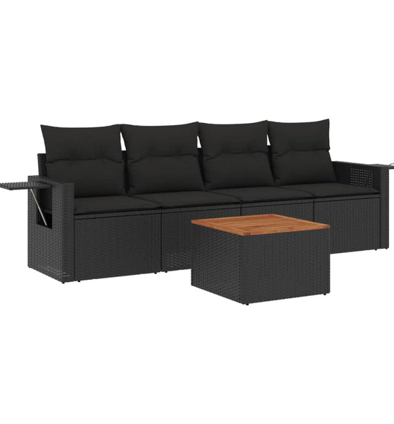 5-tlg. Garten-Sofagarnitur mit Kissen Schwarz Poly Rattan