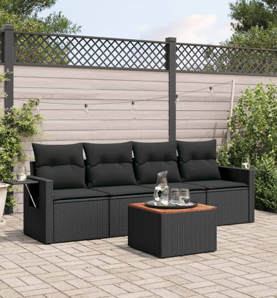 5-tlg. Garten-Sofagarnitur mit Kissen Schwarz Poly Rattan