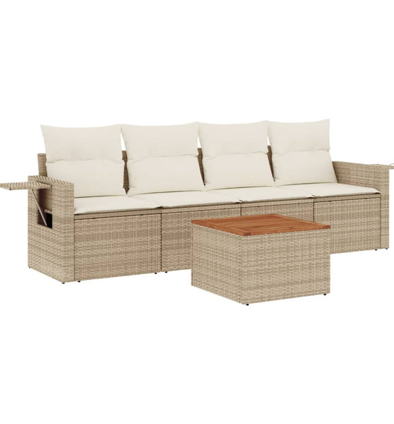 5-tlg. Garten-Sofagarnitur mit Kissen Beige Poly Rattan