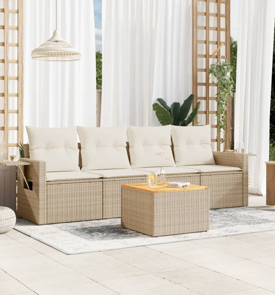 5-tlg. Garten-Sofagarnitur mit Kissen Beige Poly Rattan