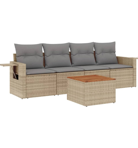 5-tlg. Garten-Sofagarnitur mit Kissen Beige Poly Rattan