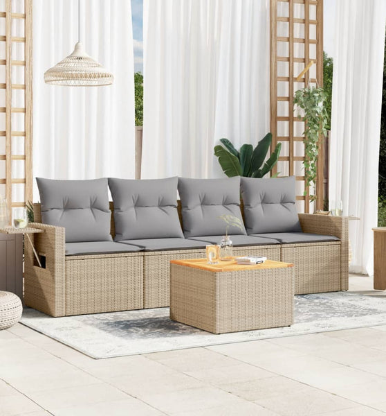 5-tlg. Garten-Sofagarnitur mit Kissen Beige Poly Rattan