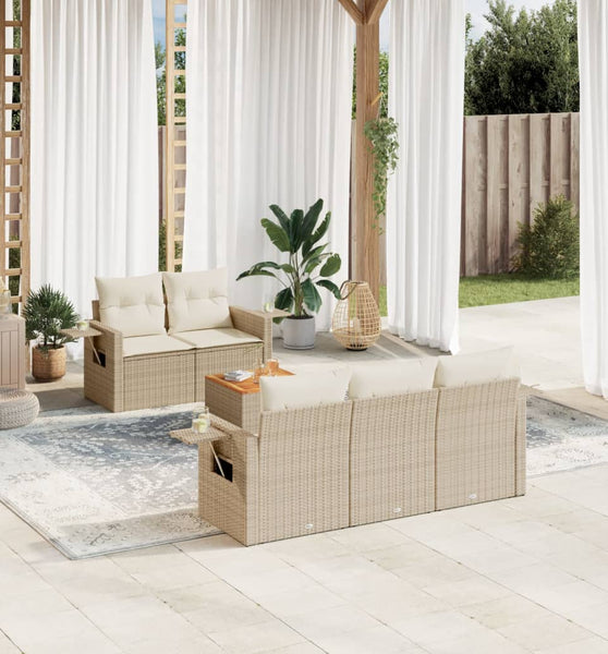 6-tlg. Garten-Sofagarnitur mit Kissen Beige Poly Rattan